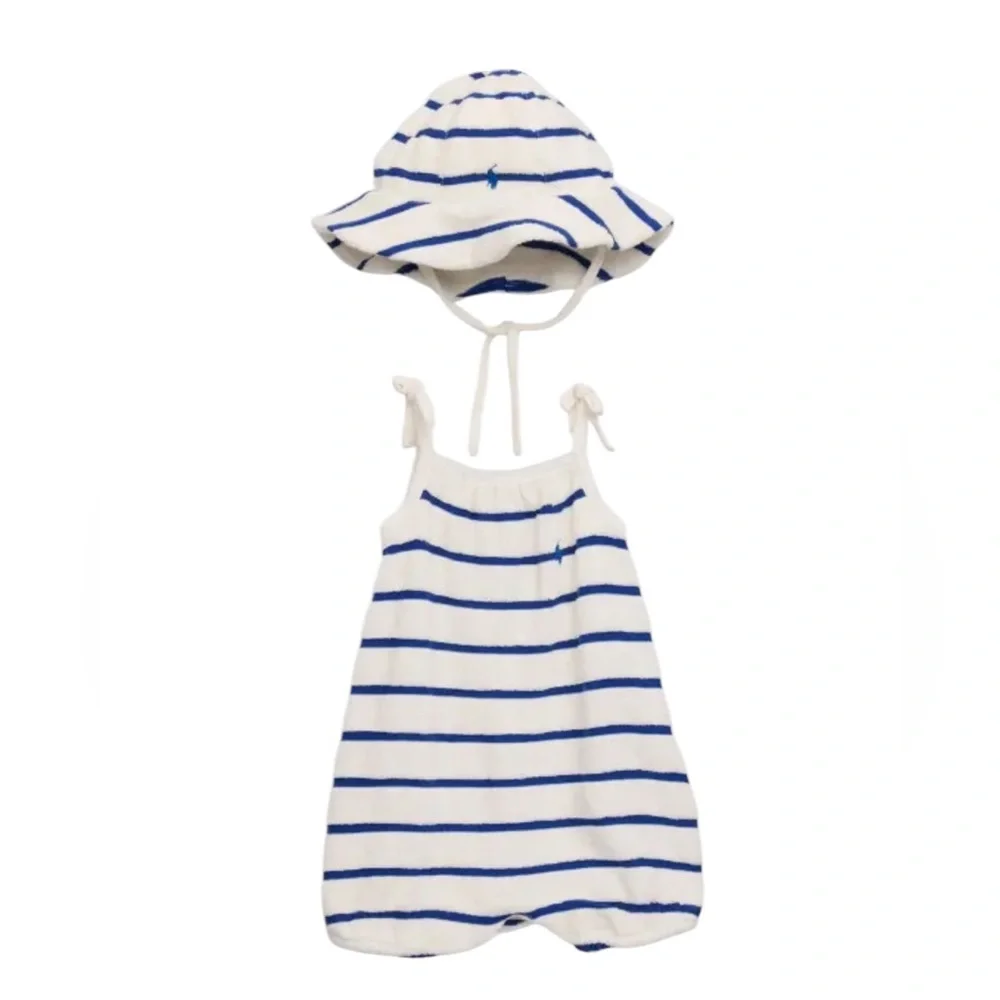 NWT Ralph Lauren Baby Girls Nautical Terry Striped Romper & Hat Set‎ Summer